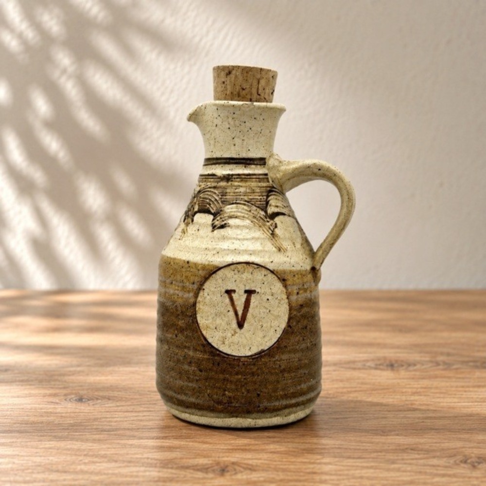 Vintage Studio Pottery Oil Vinegar Cruet Cork Stopper Brown Cream Signed